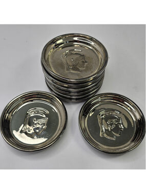 Vintage 1960s MCM Mercury Glass Coasters Ashtrays Set 8 Embossed Roman Soldier